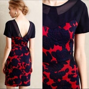 Maeve Anthropologie Navy and Red Floral Maeve Rose Panel Pencil Dress